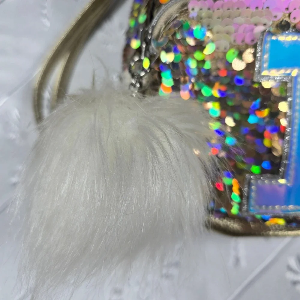 Justice Kids Unicorn Sequin Backpack I‎ Initial, Pompom, Rainbow, Color Changing